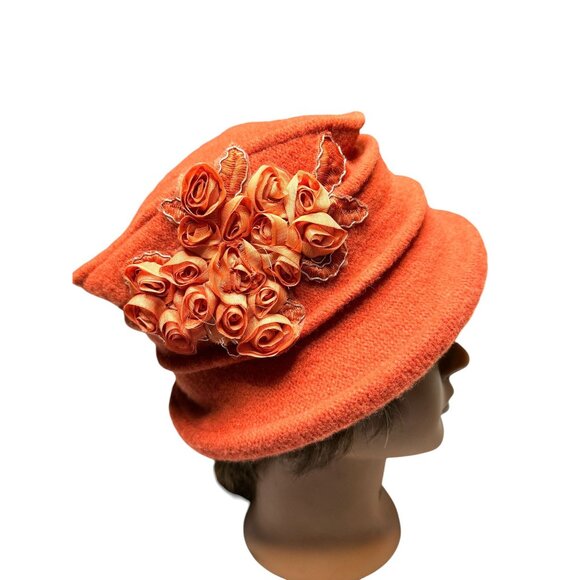 KaKyCo Women's Orange Wool Knitted Cloche With Flowers With Embellishment - Picture 3 of 8